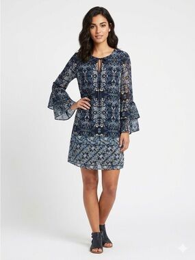 Navy Blue Floral Tie-Neck Shift Dress